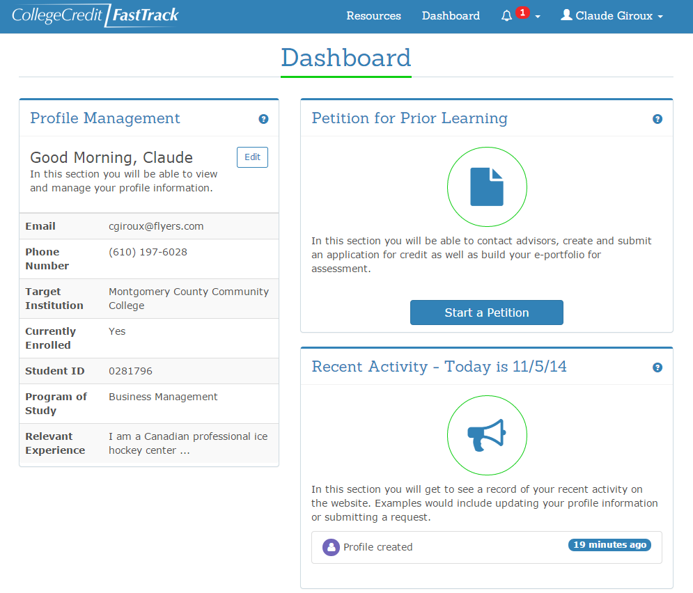 Dashboard for managing activities