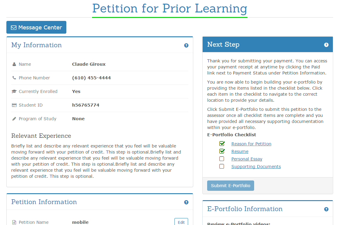 Petition for prior learning